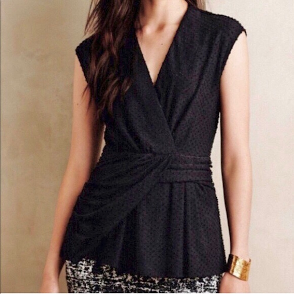 Anthropologie Black Draped V-Neck Cap Sleeve Tank